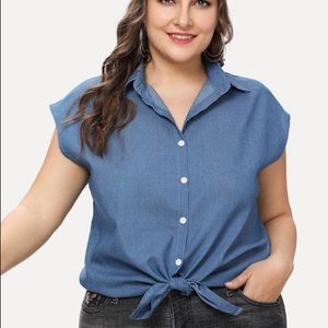 SHEIN Plus Open Front Knot Hem Denim Blouse